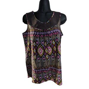 Womens Izod Brown Mahogany Tribal Print Crochet Crew Neck Tank Top Shirt Small S